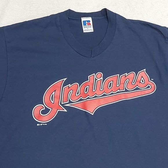 Vtg 90s Russell Athletic Cleveland Indians Navy Blue V-Neck T-Shirt Size Large - Picture 2 of 9